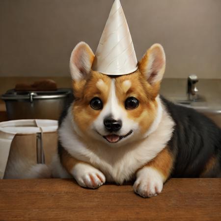 (a real world real life photograph of a corgi wearing a white cone dunce hat on top of its head:1.5). the atmosphere of the image is cute and relaxing. the image is a photo. the corgi in question is a real life dog that is feral and quadruped. the image takes place on a veterinarian's counter in an doctor's office. (raw photo, realism, real, realistic, photorealism, photorealistic, ultra-realistic, FujiFilm XT3:1.5)