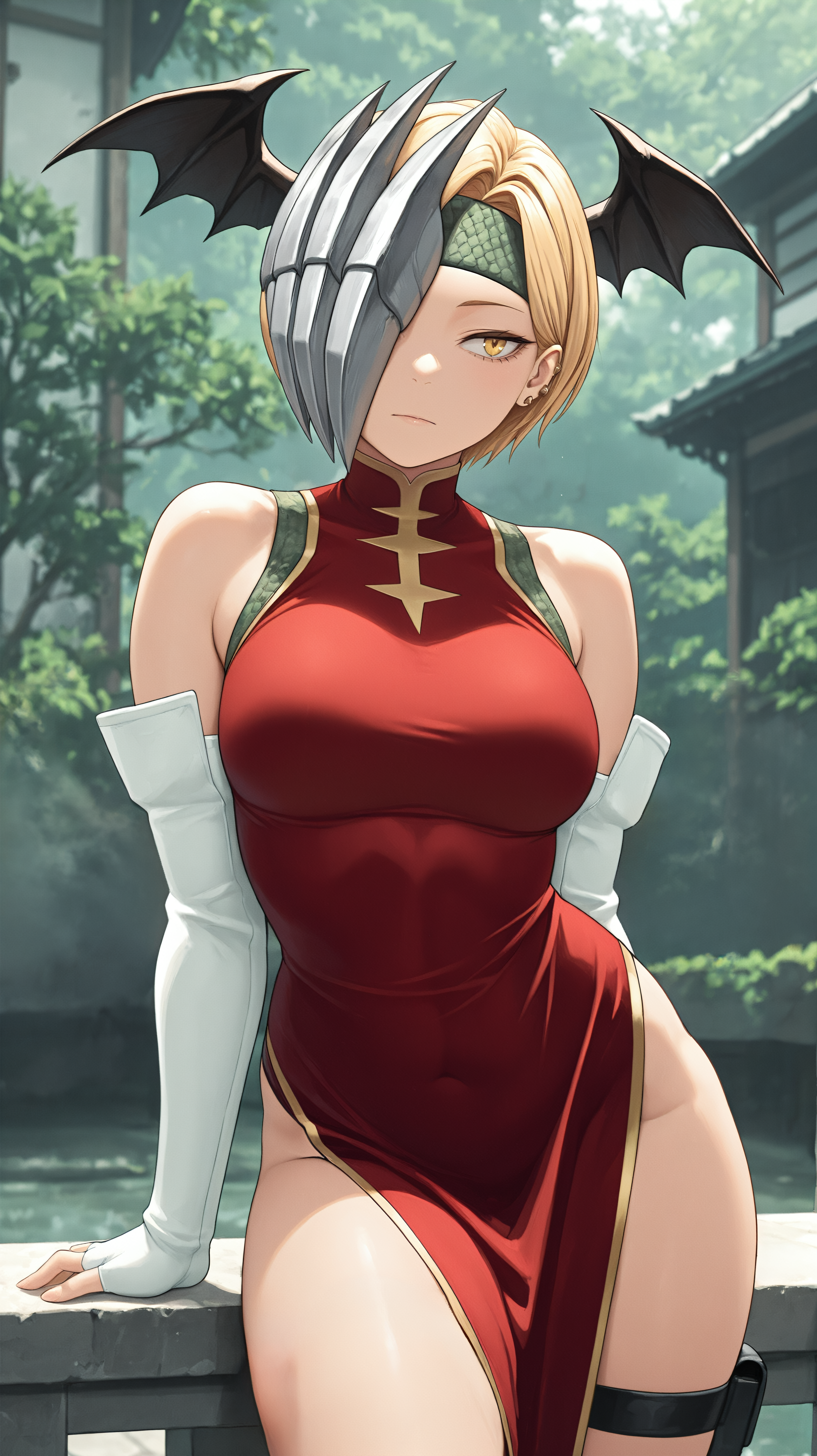 A woman with yellow eyes, short blonde hair, and a neutral expression standing outdoors, leaning her right hand on a stone railing next to a body of water. She is wearing a high-collared red dress with gold trim and high side slits, paired with detached, white opera-length fingerless gloves. On her head is a complex headpiece featuring a green, scaled headband, a silver armored plate covering the right side of her forehead, and two black, bat-like wings extending from the sides. The background consists of lush green trees and traditional Japanese-style buildings.