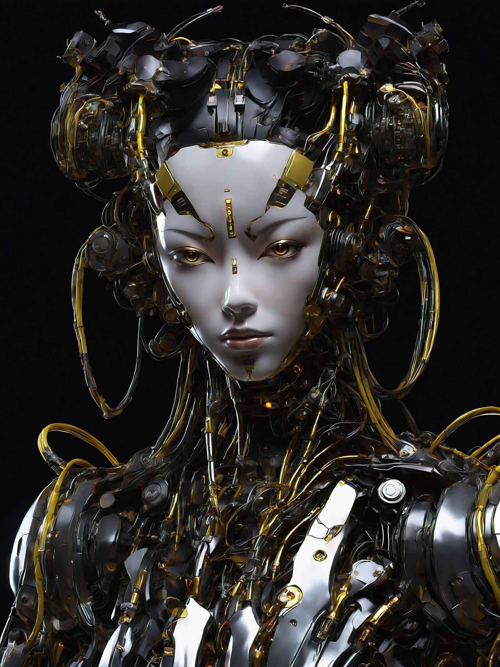 A futuristic robot sculpture with gold plated hair and glowing eyes.