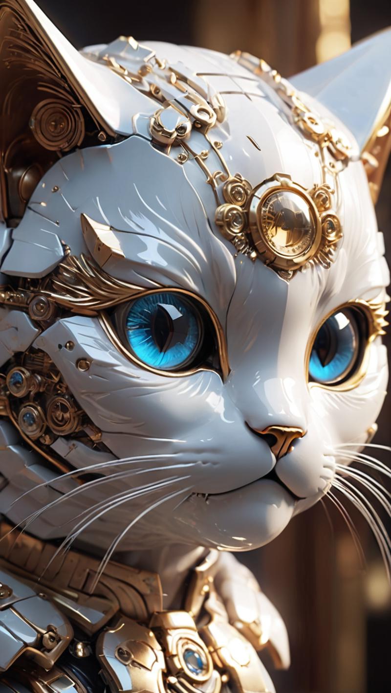 White Cat with Blue Eyes and Gold Accents on Face and Head.