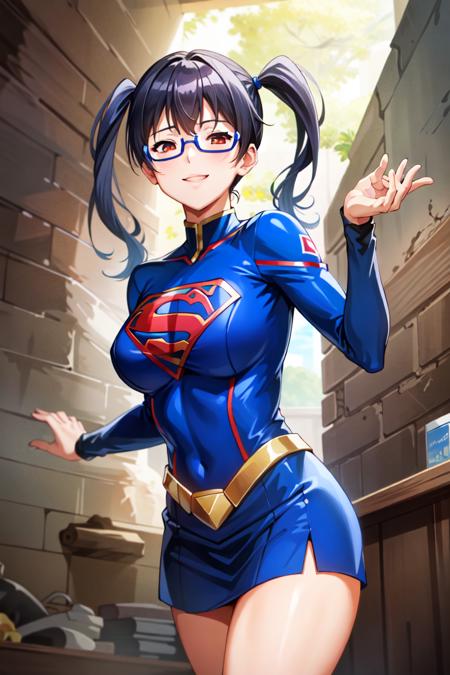 IoriKosaka, purple hair, long hair, large breasts, red eyes, glasses, twintails, 1girl, solo, smile, standing, dynamic pose, <lora:IoriKosaka:0.8>, 8k, masterpiece, best quality, absurdres, perfect anatomy, cinematic lighting, cowboy shot, (supergirl costume:1.1),