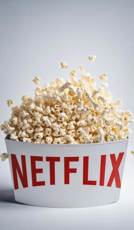 Popcorn, Netflix logo, film, cinematic look, focus stacking, dslr, white space on top