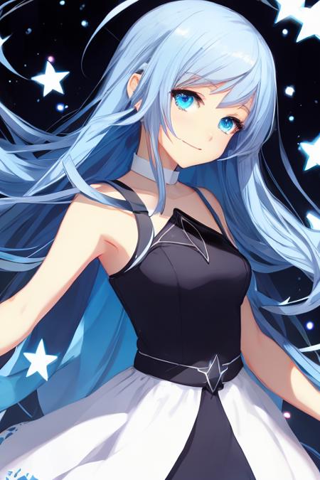 1girl,(anime),cartoon,white|blue hair,black|white dress,upper body, masterpiece,best_quality, simple background,    <lora:ASK-000004:1>