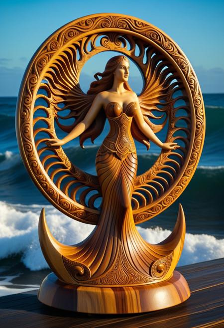 embedding:lazympos, a sturdy wooden Siren adorned with geometric carvings blissfully singing among dark wood ocean waves, hrdwdaf, golden sunlight, highly detailed. 
 FMB, RLI, mythp0rt, wood, wooden, WORLD MORPH wood,