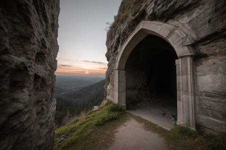 raw photo, a sunset landscape, oregon mountains, forested ravine cliffs, cozy, photorealistic, abandoned Towering Stone gateway entry into dark the side of cliff, dwarven, high fantasy style, high detailed texture, 8k uhd, dslr, soft lighting, high quality, film grain, Fujifilm XT3, Sony A7 IV, highly detailed photography, (muted colors, cinematic, dim colors, soothing tones:1.2), vibrant, insanely detailed, hyperdetailed, (dark shot:1.2), (vsco:0.3), (intricate details:0.9), (hdr, hyperdetailed:1.2) (highest coherency: 1.39) (highest quality: 1.39) (rule-of-thirds) (award-winning) (masterclass) (highest resolution: 1.39) (castle architecture built into cliff)