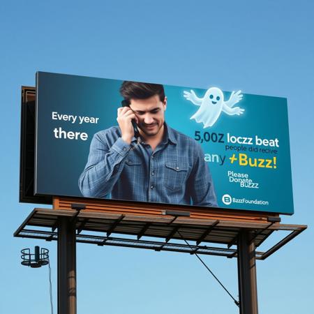 PSA Billboard: Advertisement Billboard of depressed guy on phone, with Ghost Buzz Lightning Symbol with wings flying from the phone, text "Every year more than 5,000 people did not receive any Buzz. Please Donate Buzz". The Logo Buzz Symbol with the text "Buzz Foundation" with the text "A message from:" on top of the logo, billboard from the United States