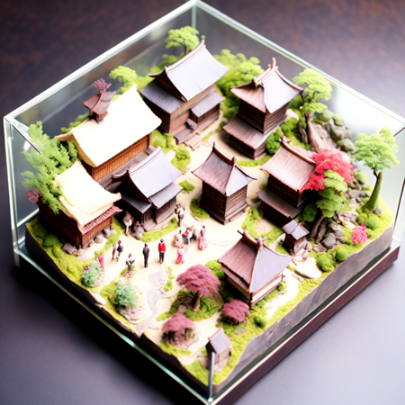 photo, a miniature model of a japanese village in a glass box (IsoJapan style:1) <lora:djzIsoJapanV21:1>