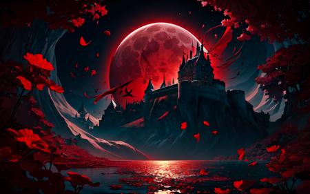 (best quality, masterpiece), (night sky,swirling red petals flutter in groups , low depth ocean, full moon, high castle, Magical design on the castle),