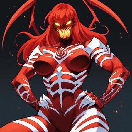 MiseryMV monster girl, symbiote, red body, white body, two tone body, red hair, long hair, yellow sclera, no pupils, yellow mouth, claws, back tentacles white hair, two tone hair medium hair