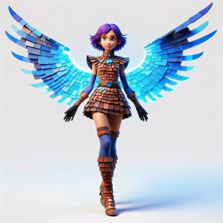 mad-shingles, a female character with a futuristic, fantasy-inspired design. The character has fair skin and short, purple hair adorned with a white flower. She has large, expressive blue eyes and a delicate, feminine face. She is dressed in a vibrant, brown and light red outfit made out of Roof Shingles that includes a short, frilly dress with a white collar. The dress has a high slit, revealing her black thigh-high stockings and a glimpse of her upper thighs. Her attire is complemented by long, brown gloves and matching boots made out of Roof Shingles with blue accents. She wears a white belt with a purple gem at the center, adding to the futuristic aesthetic. The character is equipped with large, wings made out of Roof Shingles that have a glowing blue hue, giving her a celestial appearance. Her arms are outstretched, and she appears to be in mid-flight or leaping, suggesting motion and energy. Detailed background, city, building, street.