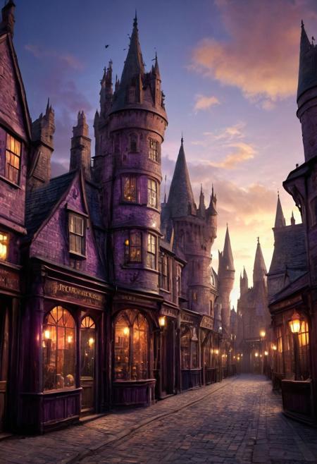 score_9, score_8_up, score_7_up, Diagon Alley promenade, the horror of stars, twilight sunshine, cityscape masterpiece, realistic, best quality, cosmic horror, Style-Volumetric, MJgothic, bright horror, s0lar, castle, blue and purple sky, city streets, spires, stone buildings, (/Harry Potter/)