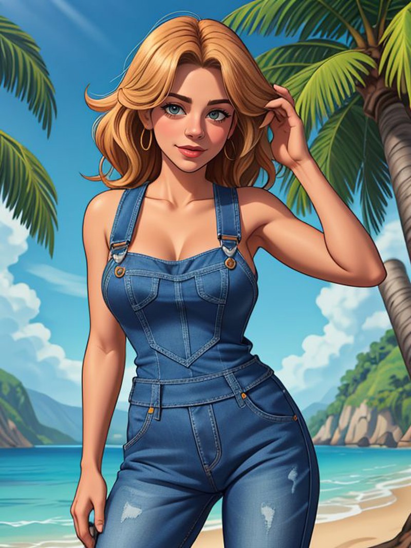 <lora:LCM_LoRA_Weights_SD15:1>
[ Meg Ryan|Maria Menounos], denim overalls or jumpsuits, A tropical and latin place with lo...