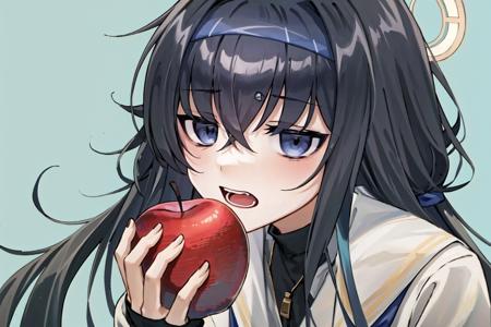 <lora:Reincarnation Apple:0.9>, reincarnation apple, 1girl, solo, looking at viewer, open mouth, simple background, holding, food, fruit,  holding food, holding fruit, aqua background, bags under eyes, bangs, black hair, blue eyes, halo, blue hairband, brown cardigan, long hair, white serafuku, white skirt, <lora:KozekiUiBlueArchive_10:0.8>