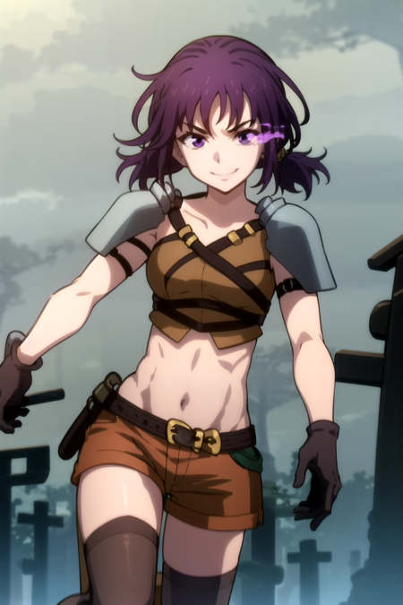 masterpiece, best quality, 1girl, quolkeh, solo, purple hair, purple flaming eyes, purple eye trails, purple eyes, ponytail, armor, belt, gloves, midriff, navel, smile, short hair, shorts, thighhighs, dynamic pose, haunted cemetery,dark  <lora:Quolkeh:0.9> <lora:FlamingEye:1>