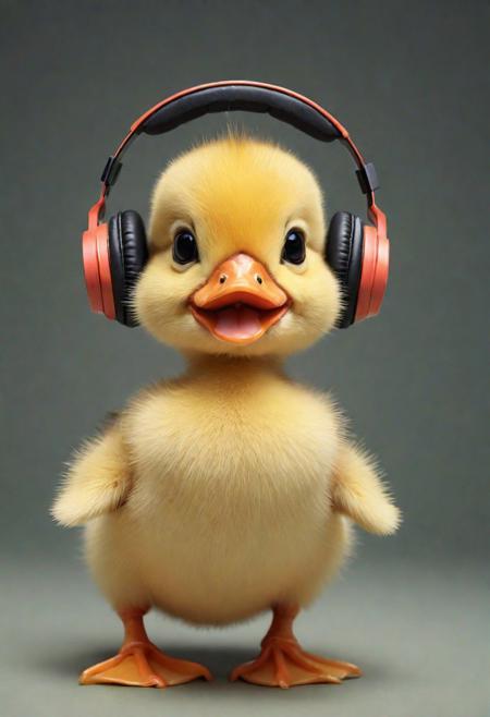 baby duck wearing headphones, cheerful