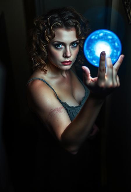 A cinematic masterpiece, ultra realistic photographic still, high quality portrait of a curvy 41 year old English woman with curly light brown hair and is wearing a torn nightie at the top of a dark hotel stairwell. The hotel is an an old 16th Scottish building, everything feels close together.. The focus is atmospheric and creepy, there are wounds on her bare arms. She has a determined face, a ball of blue light is hovering over her right hand, ready to used in a fight. She is covered in sweat, facing down the stairs into complete darkness
