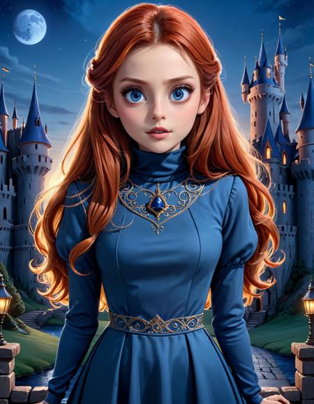 modisn disney, ellyclutch, solo, long red hair, (high neck indigo dress:1.2), turtleneck, skirt, (fairytale:1.2), outdoors, castle, night, intricate details, dreamy, perfect eyes, dark pupils, magnificent, ethereal, facing viewer, (looking at viewer:1.2), <lora:ellyclutch:0.9>, <lora:add-detail-xl:1.2>, <lora:xl_more_art-full_v1:0.3>