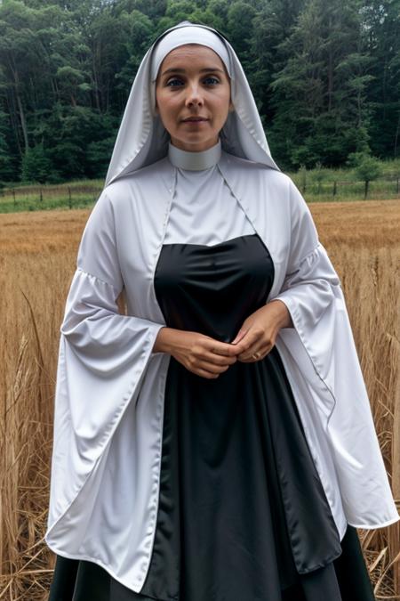 nun costume ,  meadow , evening  <lora:Louise_Redknapp:1> mature l1873r, 1girl, solo, masterpiece, best quality, detailed face,
