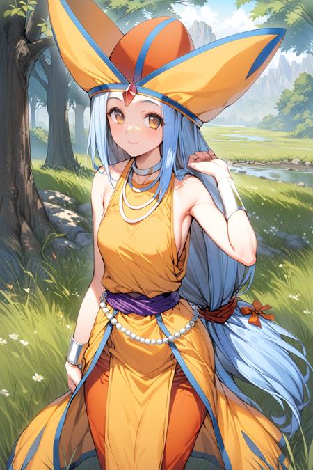 1girl,<lora:fosse dq7XL:1>,fosse dq7,hat,necklace,wristband,dress,pelvic curtain,pants,jewelry,prayer beads,low-tied long hair,cowboy shot,standing,smile,grass,ultra-detailed,best quality,masterpiece