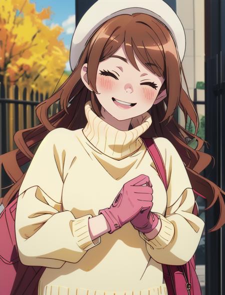 best quality, masterpiece, highres, detailed, digital artwork, <lora:Detail - add_detail:0.2>, EikoHozuki, brown hair, closed eyes, happy, blush, yellow sweater, turtleneck, outdoors, hat, <lora:EikoHozuki-10:0.8>, pink gloves, long hair,