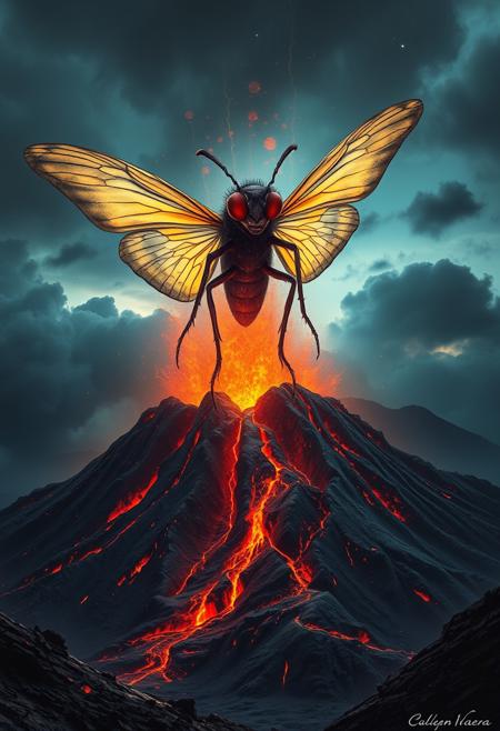 a cosmic horror emerging from a volcano, the creature has a head as if of a fly, butterfly wings