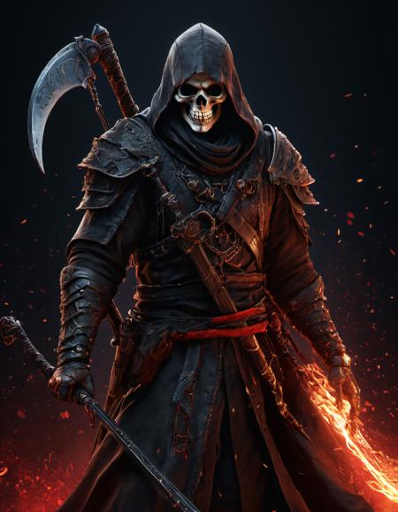 ((masterpiece, best quality, high quality, highres, ultra-detailed)), reaper, holding scythe, hood up, robe, claws, skull, text, (fire, sparks, smoke, red:0.6), dark background,, detailed, realistic, 8k uhd, high quality