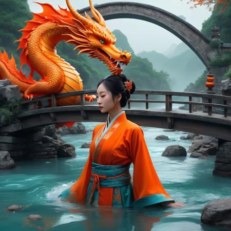 a Chinese woman is in a river with an orange dragon above a bridge, in the style of epic fantasy scenes, red and aquamarine, realist detail, ingrid baars, heather theurer, interactive artwork, animated gifs
