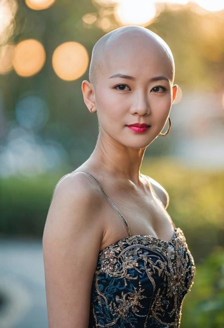 portrait photo of Yu-jinNobodySD15 slender radiant beautiful Asian woman (bald head:2) evening dress depth of field bokeh bright morning light (masterpiece) (best quality) (detailed) (8k) (HDR) (wallpaper) (cinematic lighting) (sharp focus) (intricate)
