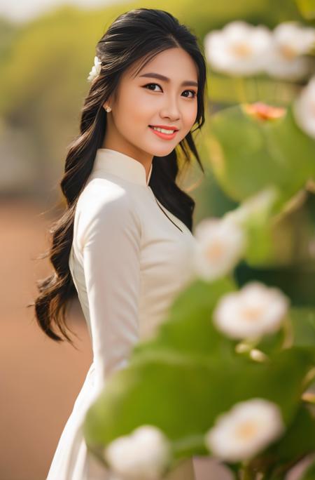 (Masterpiece, best quality, ultra realistic,32k, RAW photo, detail skin, 8k uhd, dslr, high quality, film grain:1.5),1girl, white ao dai, pants, portrait, long hair, looking at viewer, smile, black hair, long sleeves, dress, jewelry, standing, flower, earrings, outdoors, white dress, blurry, black eyes, blurry background, realistic