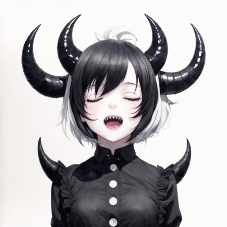 1girl, arms under breasts, black horns, buttons, closed eyes, demon girl, horns, limited palette, open mouth, painting \(medium\), sharp teeth, short hair, smile, teeth, traditional media, watercolor \(medium\), white background, white hair