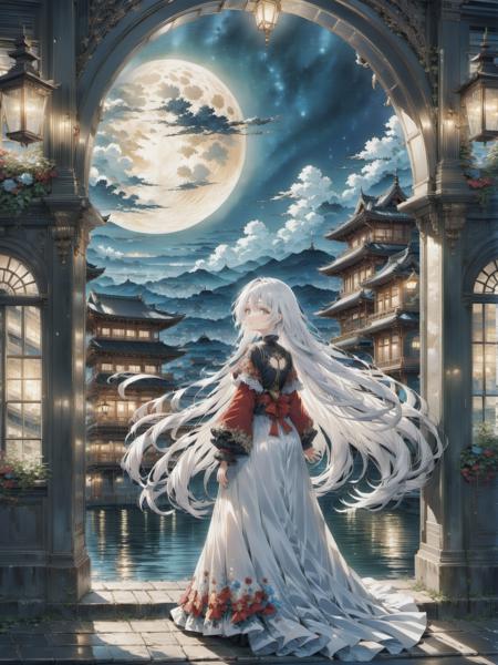 (anime:1.1)  girl with long white hair in front of an arch while looking at the moon on her long hair,in the style of anime art,elegant cityscapes,i can't believe how beautiful this is,luminous reflections,dark gray,romanticized nostalgia,high resolution,