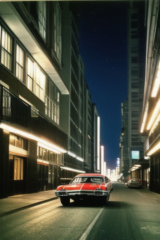 The racing car on the street, night lights, 1970, midnight, megapolis