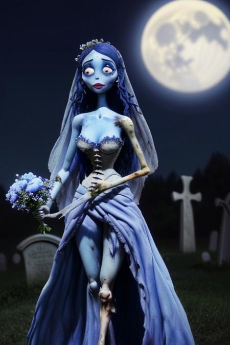 The Corpse Bride walking through a cemetery on a moonlit night. White full length dress, Light-blue skin, big eyes, big lips, tiny nose, blue mascara, blue hair, sultry, forlorn, looking at camera, holding dead bouquet of flowers