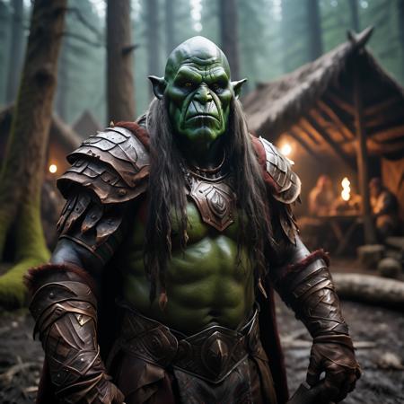 highly detailed portrait photo of a (ogre shaman):1.2  in a primitive camp in the forest.

ogre shaman, solo, long hair, gloves, weapon, male focus, green hair, pointy ears, armor, glowing, colored skin, staff, shoulder armor, glowing eyes, beard, bald, green skin, chainmail,

in a primitive forest encampment,

depth of field:1.2, blurry, blurry background,
realistic:1.3,

photorealistic,
fantasy, cinematic,
32k, best quality, 


shadow play:1.1,




