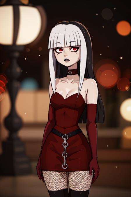 Crimson_Total_Drama, goth, blunt bangs, long hair, red eyes, makeup, fishnets, knee boots, red dress, elbow gloves