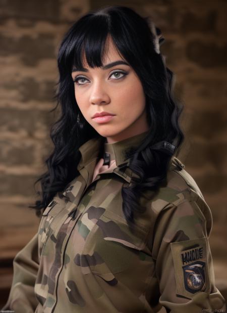 (gothcharlotte) (dark hair) (blue eyes) woman (cinematic) (masterpiece) (face detailed)  (army attire) (army gear)  <lora:CHARLOTTE:1>