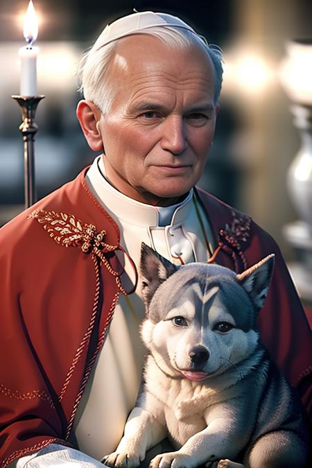 8k, raw, best quality, masterpiece:1.2,realistic, portrait of jp2v1 as old pope , in one hand he holds a beautiful decorated candle and in the other a holy bible, cute husky puppy, epic lighting, ray tracing, octane render,night italian city in background, with professional color grading, soft shadows, bright colors, <lora:jpv2:1>