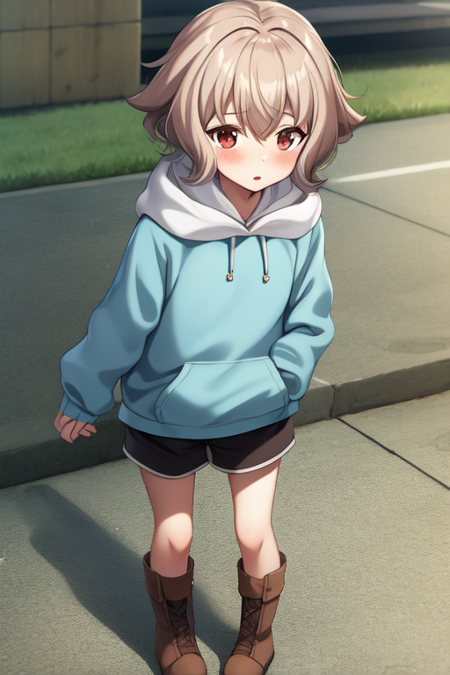 atramixta, hoodie, shorts, blush, boots, tomboy, standing, anime coloring, skirt, hood down