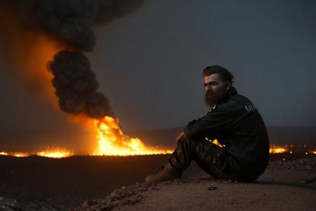 An intense man sitting in profile amidst a city engulfed in flames at night. The scene is filled with dust and debris, creating an apocalyptic atmosphere. The man is dressed in a military uniform, sporting a 15-day beard. His gaze is directed towards the camera, showcasing strength and resilience in the face of destruction. The composition should be in an extreme wide shot to capture both the man and the chaotic environment around him. The lighting is provided by the flames, creating dramatic contrast with shadows and highlighting the details of his face and clothing. The textures should be realistic, with vibrant colors and a dark yet captivating ambiance. Ultra HD resolution.