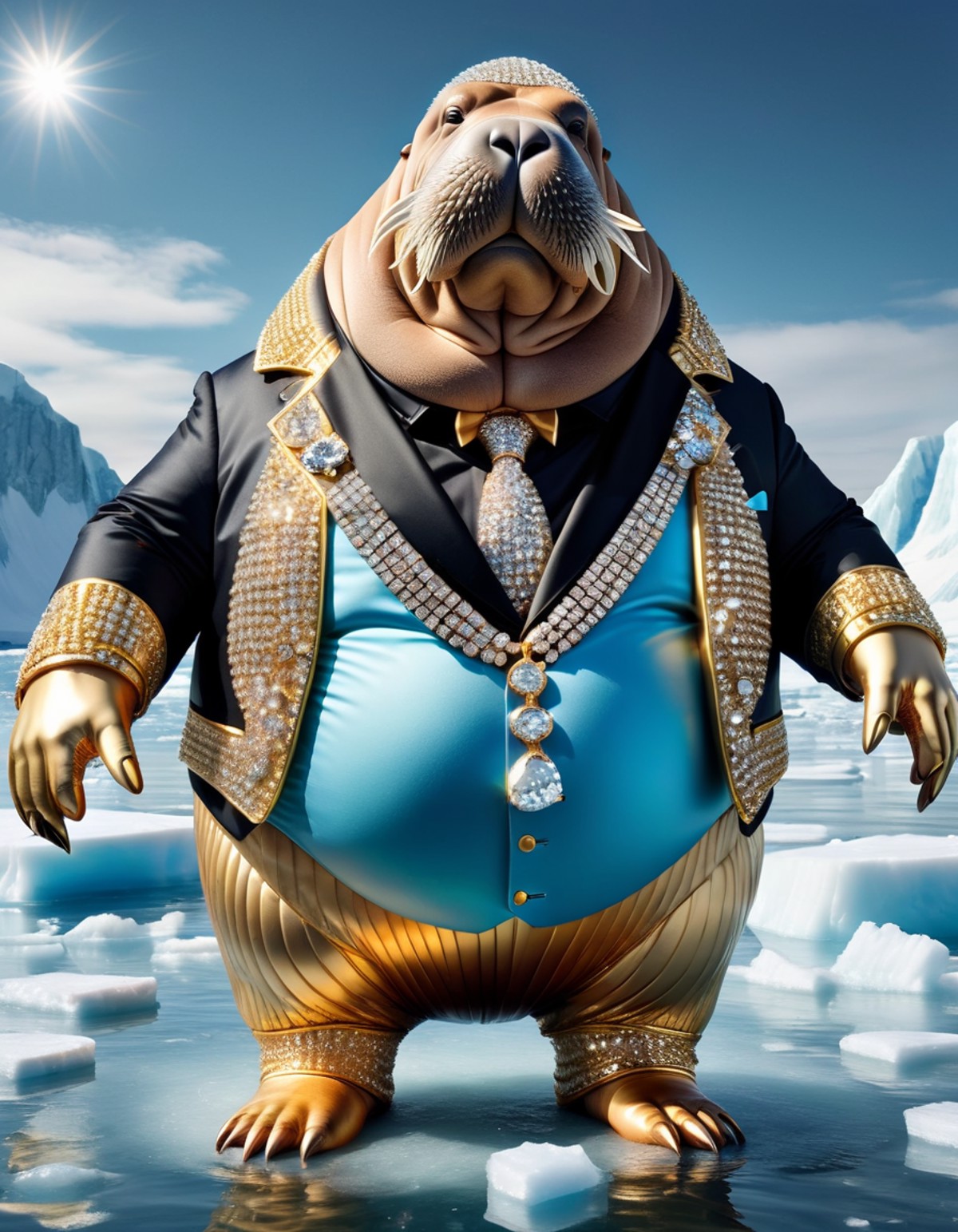 a very fat gangster walrus wearing a ral-bling tuxedo, standing in the arctic in clear blue water on a ice shell, wearing ...