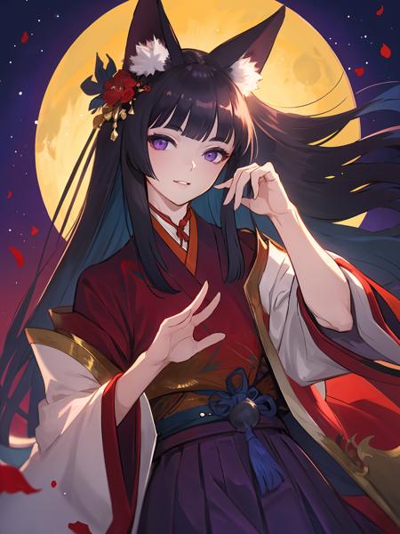 masterpiece,best quality,highres,cinematic lighting,dramatic angle,<lora:ShadowverseGinsetsuV7-000021:0.8>,1girl,animal ears,hair ornament,purple eyes,black hair,long hair,smile,parted lips,looking at viewer,japanese clothes,obi,wide sleeves,hand  on own cheek,red topwear,purple skirt,portrait,from below,moon,close-up