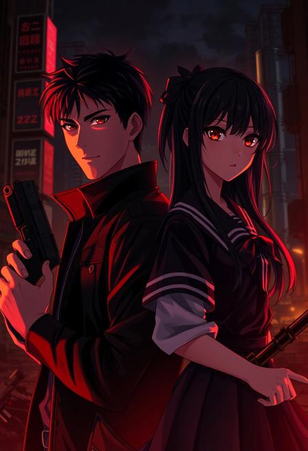 ramatic chiaroscuro lighting in a cinematic  portrait, Isekai anime style. A man with short black hair, determined expression, holding pistol and red-bowed black jacket on the left, and a woman with long dark hair, red eyes, holding katana, determind expression, and school black and white uniform with ribbon on the right, both side to side each other. cyberpunk ruined city background, nighttime, red and yellow lighting,  Strong contrasts, deep shadows, film-like composition. masterpiece, best quality, absurd, HDR, high contrast, digital art, anime art, (soft lighting :1.2), soft skin, (detailed clothing:1.3), stunning visual, intricate design, (soft shadow:1.2), (soft lighting:1.2),