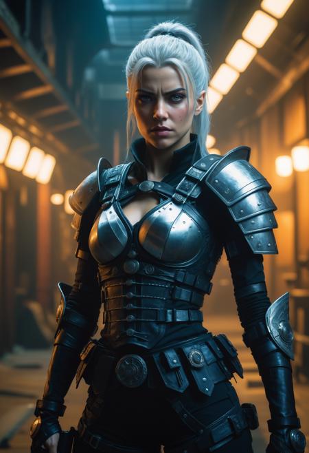 Professional fashion shot of a muscular, hyper-diverse female protagonist wielding an ultrarealistic 2000s Raw photo camera. Her clothing is dominated by intricate details and detailed armor that showcases her strength on the outside alone while maintaining balance amidst constant movement in alluring poses inspired from cyberpunk realism fantasy literature such as Blade Runner 2049 or D&D's High Fantasy setting The Witcher, 2000s vintage RAW photo, photorealistic, film grain, candid camera, color graded cinematic, eye catchlights, atmospheric lighting, natural, shallow dof, High level of detail to create a photographic-like image, focusing on lighting, realistic textures, hyperdetailed.