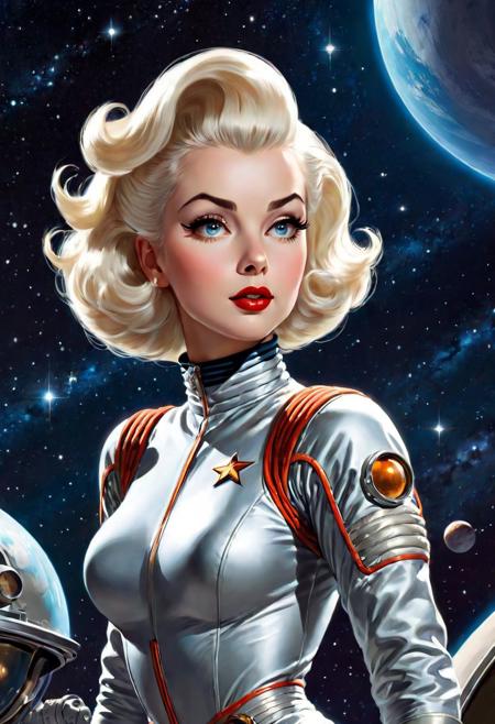 space girl in the style of 1950's retro science fiction, spacesuit, in space, stars in the background, gil elvgren, alberto vargas, platinum blonde hair. standing, intricate details, beautifully shot, sharp focus, perfect composition, high contrast, atmospheric, comic art,