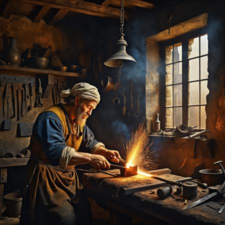 mysterious blacksmith in a baroque painting style, inspired by Jan Vermeer and Rembrandt van Rijn, historical art, oil painting, cinematic volumetric lighting, amazing details <lora:add-detail-xl:1>