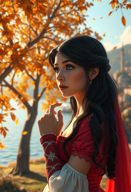 (photorealism:1.5)
female princess,  thoughtful expression, gazing at the majestic tree, falling leaves,  calm coastal village in the background, warm sunlight, vibrant colors, high contrast, hyper-realistic, serene atmosphere, pensive pose, detailed, high-definition, reflective mood, peaceful setting, torn dressm long black hair, blue eyes
slight freckles, long eyelashes, thick eyebrows, torn pelvic sheer curtain, bridal gauntlets, torn red dress