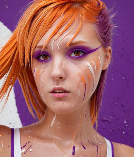 1200x1400, 1200 x 1400; Semirealistic futuristic looking woman with purple and orange hair in the style of tom whalen, flat colors, purple orange and white broad strips paint in the background, outrun paint splotches, All surface textures are highly realistic and varied, even on the same surface, showing the attention to detail of reality, and the painstaking time taken to craft this image. Even things like eyelashes are in some areas slightly more or less sparse and varied to ensure a realistic appearance, and this level of care applies to every centimeter of the picture. In reality, things are rarely perfect, and flaws are considered beautiful, and this image embraces and uses these flaws to create true believable beauty. From the varying textures of surfaces, each one bringing something new and unique to the composition, and the imperfections or random variation in anatomical configurations, each things is perfect in its imperfection, The most compelling work of art ever produced, every intricate detail holding a narrative or philosophical concept that entrances. The entire composition is lauded by the modern masters as truly mesmerizing, the artwork itself considered by some too sacred to even show the common world. The work is dynamic and complicated, with multiple forms of media layered in complex and innovative ways, at times mind-bending in the creative solutions the artist found to produce what is lauded as the only truly creative work ever produced by mankind, 1200x1400, 1200 x 1400; Semirealistic futuristic looking woman with purple and orange hair in the style of tom whalen, flat colors, purple orange and white broad strips paint in the background, outrun paint splotches, deep aesthetic, colorful, intricate, very sharp focus, highly detailed, extremely complex, cinematic, surreal, enhanced quality