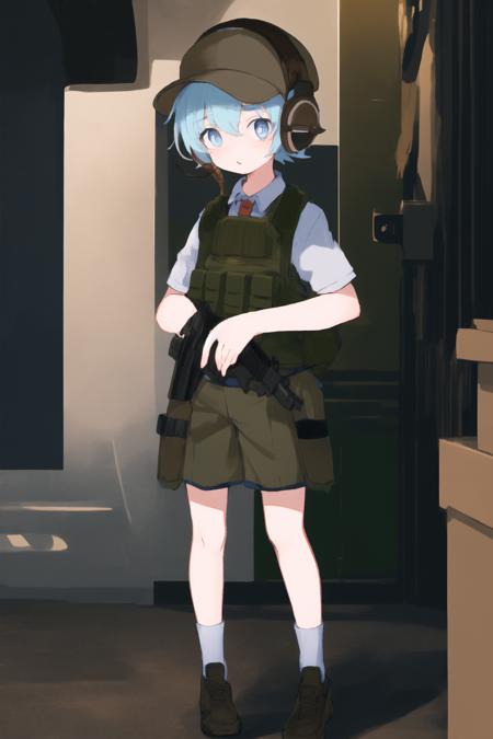 1boy,solo,
<lora:CRN_V10:0.9> CRN,(blue eyes,round eyes,white pupils:1.2),light blue hair,green FLC Vest,Utilty Pouch,white shirt,brown short pants,earmuffs,(brown Tactical Cap:1.2),shorts,