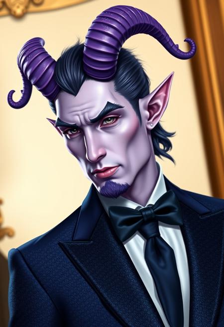 Handsome satyr demon man with lavender skin and curling purple horns, goat legs with lavender fur. Dark blue glitter tuxedo jacket, ascot. Semi-realistic.