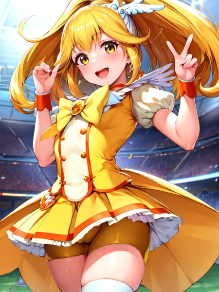 cure peace wing hair ornament, wrist cuffs, yellow bike shorts, shorts under skirt, white boots